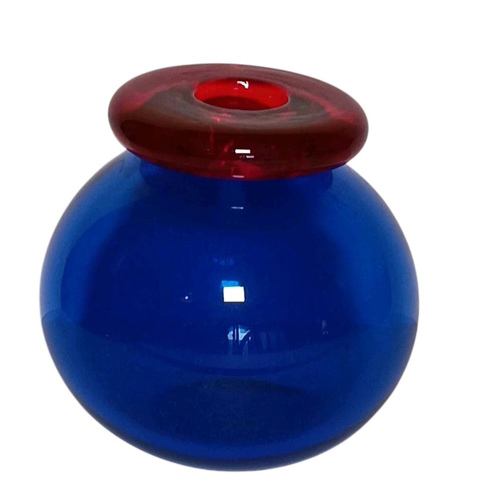 Art Glass Bottle Container Vase Cobalt Blue With Red Open Top 5"H